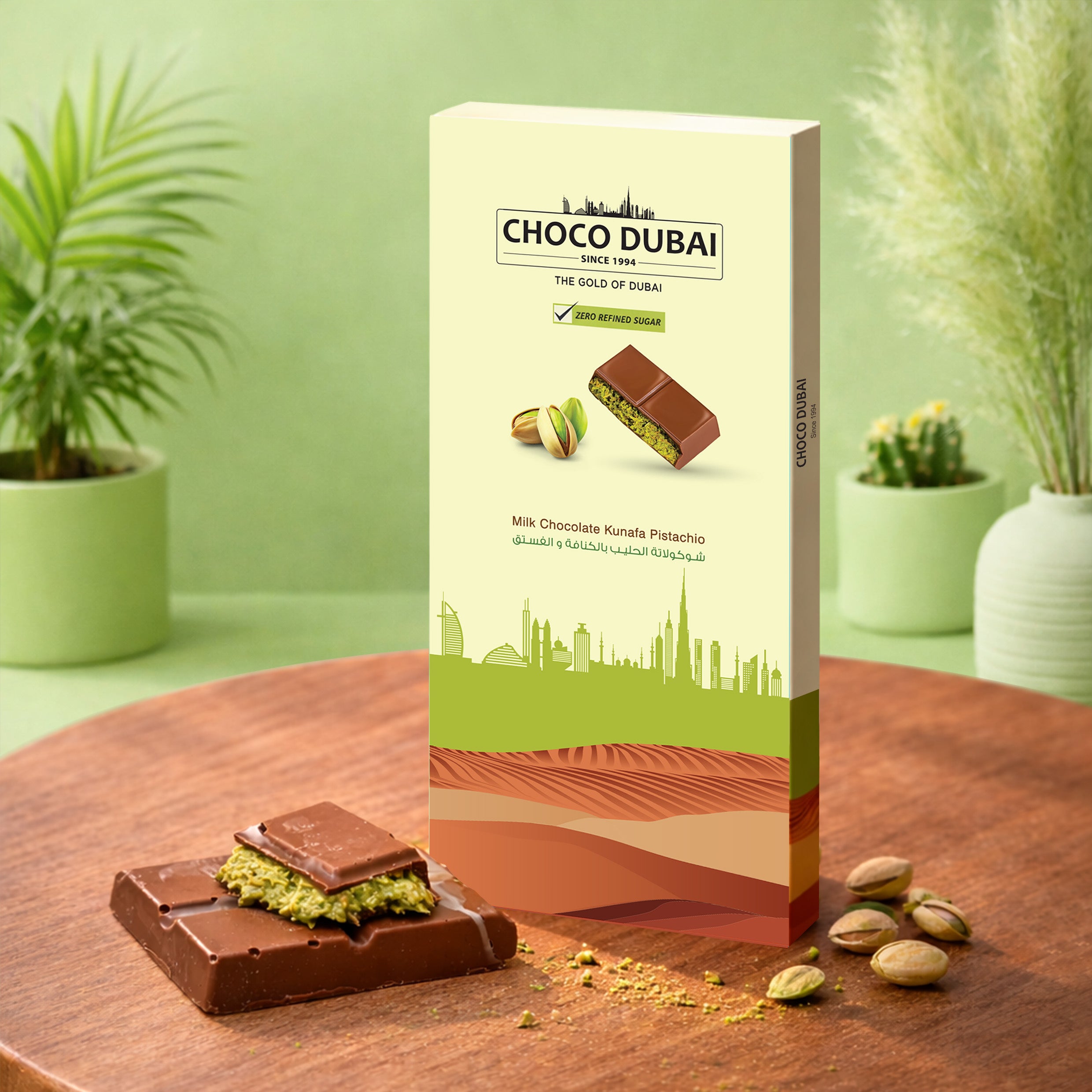 Viral Milk Chocolate Kunafa Pistachio – 100g | Zero Refined Sugar