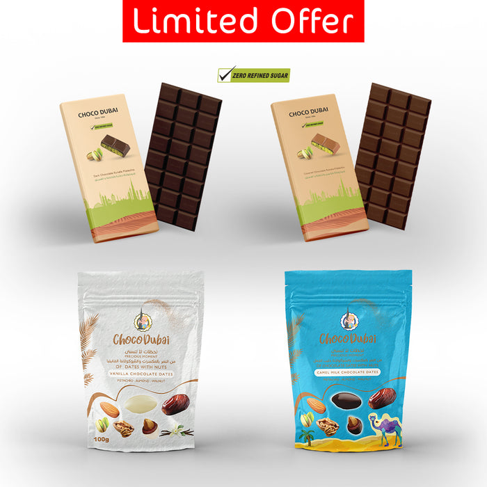 "Coming soon" Sweet offer 4-in-1 Combo – Vanilla, Camel Milk, Sugar-Free Dark & Milk + Kunafa Pistachio (400g)