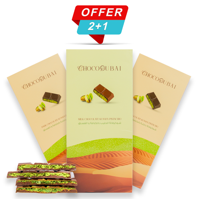 Offer 'Kunafa Pistachio Chocolate' - 2 Dark & 1 Milk (3 Pieces, 300g)