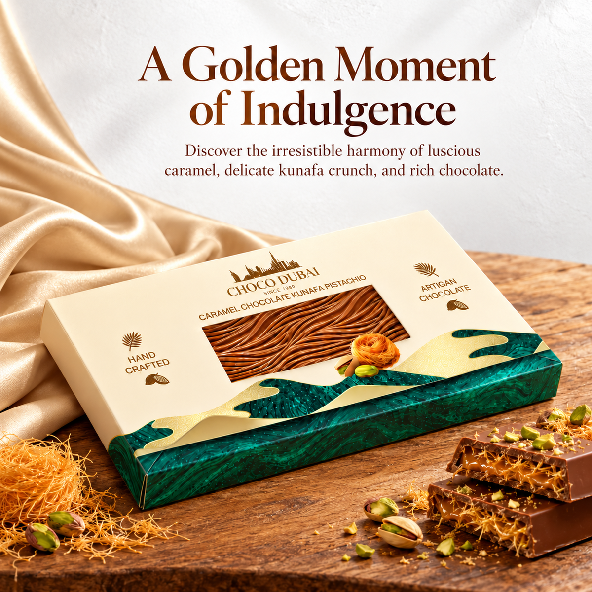 Choco Dubai Caramel Kunafa Pistachio Bar – Handcrafted Artisan Chocolate, 150g