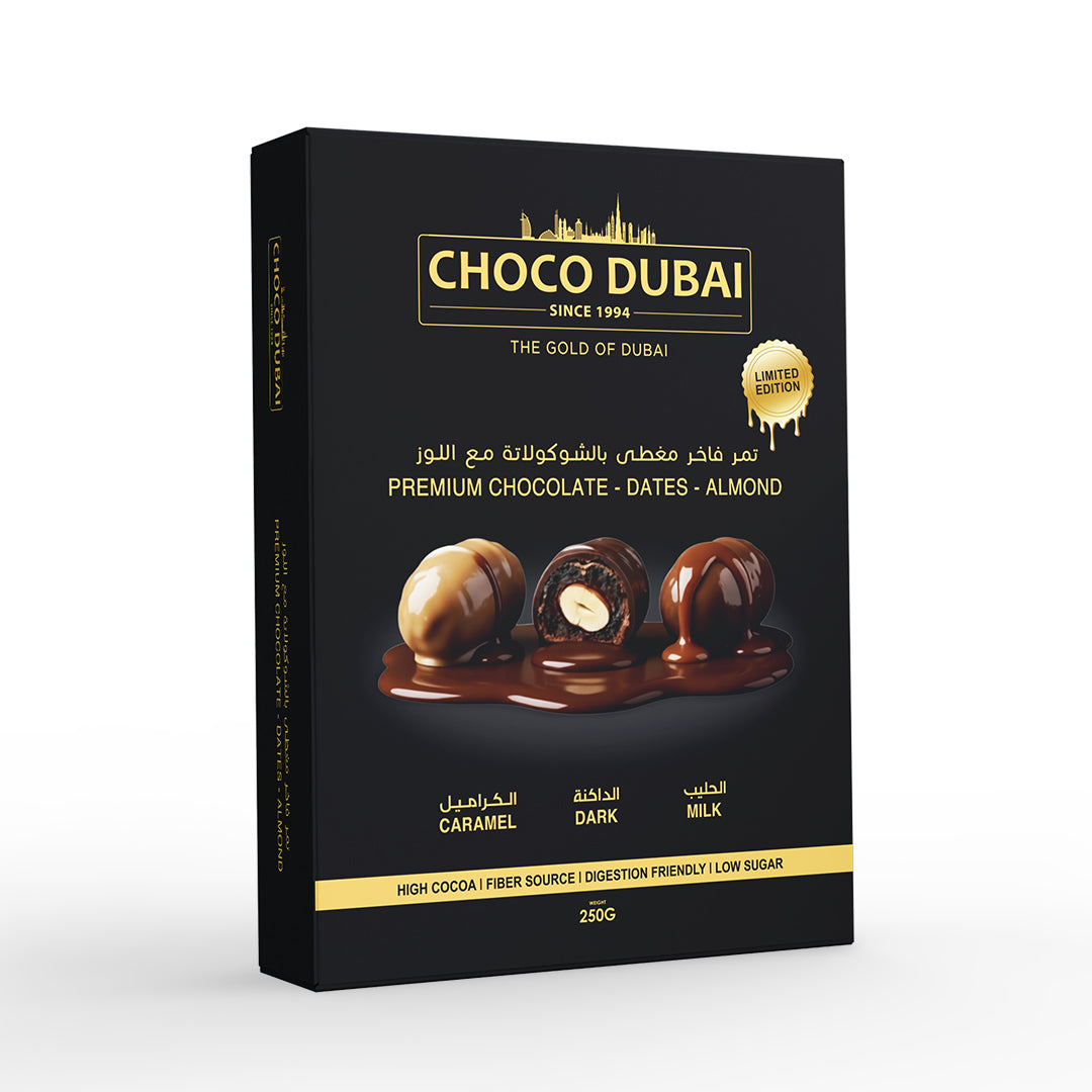 Choco Dubai Premium Chocolate Dates – Dark, Milk & Caramel (250g)