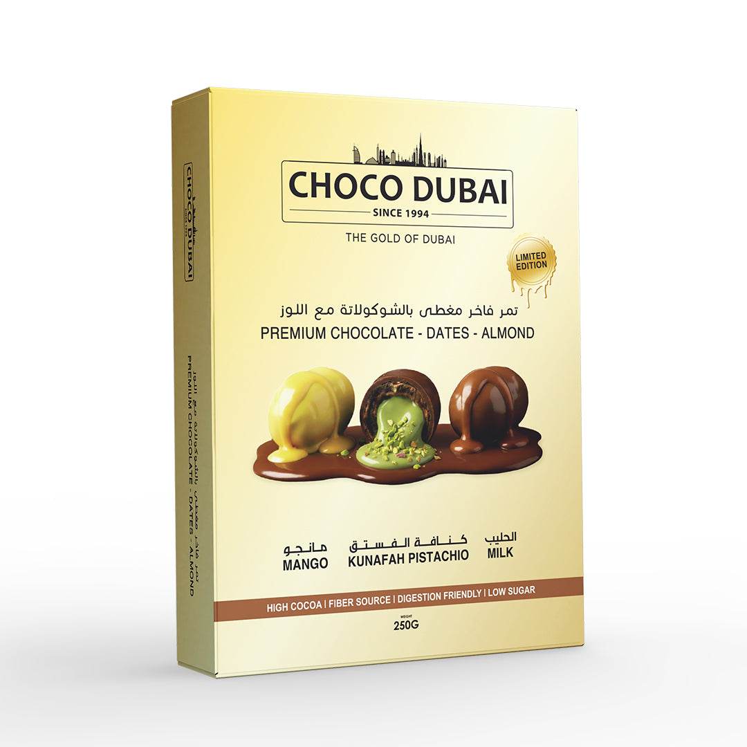 Choco Dubai Premium Chocolate Dates – Mango, Milk & Kunafa Pistachio (250g)