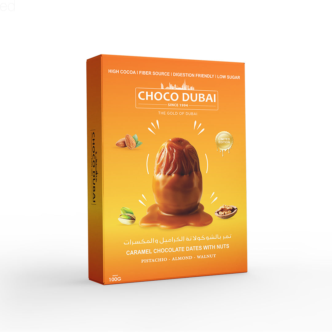 Choco Dubai Caramel Chocolate Dates with Nuts – Viral Dubai Edition (100g)
