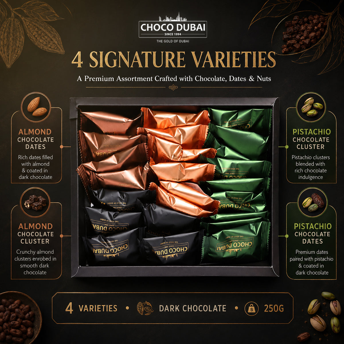 Choco Dubai Assorted Dark Chocolate Dates & Nut Clusters 250g