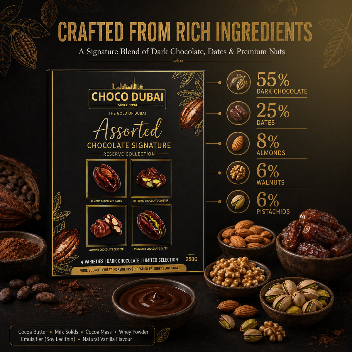 Choco Dubai Assorted Dark Chocolate Dates & Nut Clusters 250g