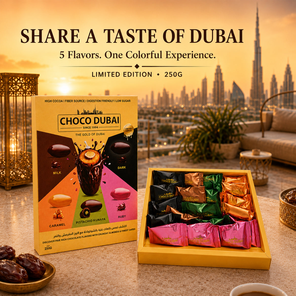 Choco Dubai Assorted Chocolate Dates – 5 Flavours 250g