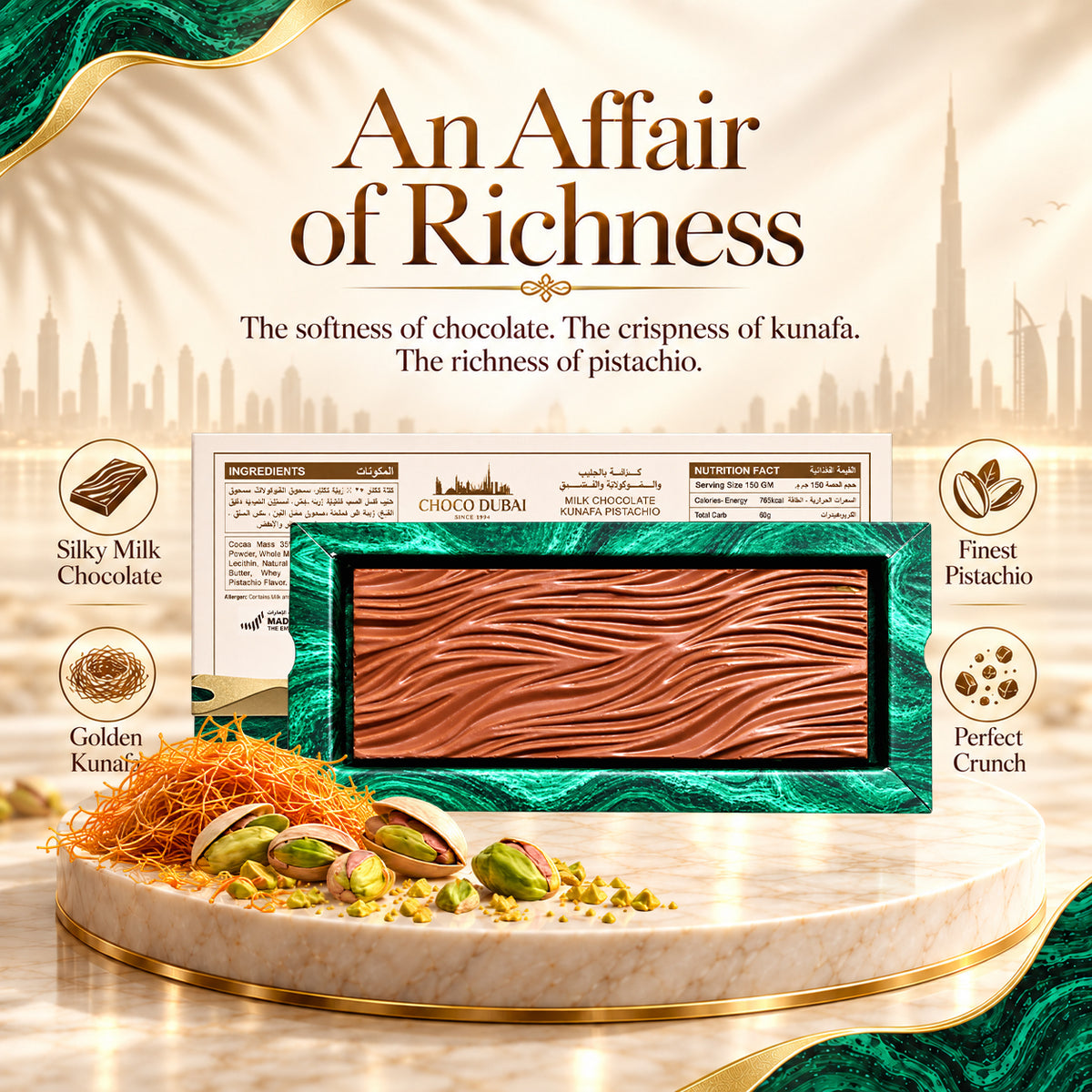 Choco Dubai Milk Chocolate Kunafa Pistachio Bar – Handcrafted Artisan Chocolate, 150g