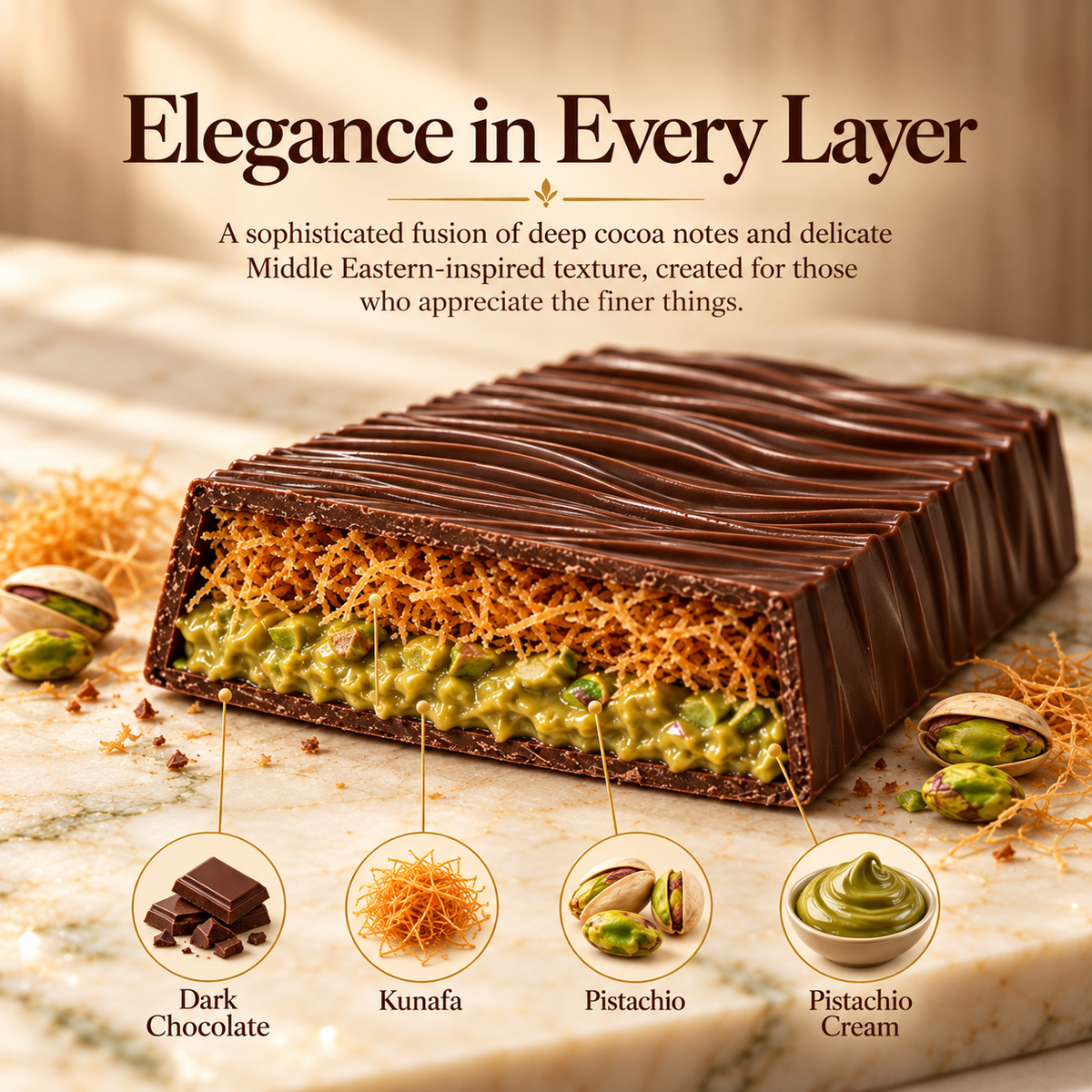 Choco Dubai Dark Chocolate Kunafa Pistachio Bar – Handcrafted Artisan Chocolate, 150g