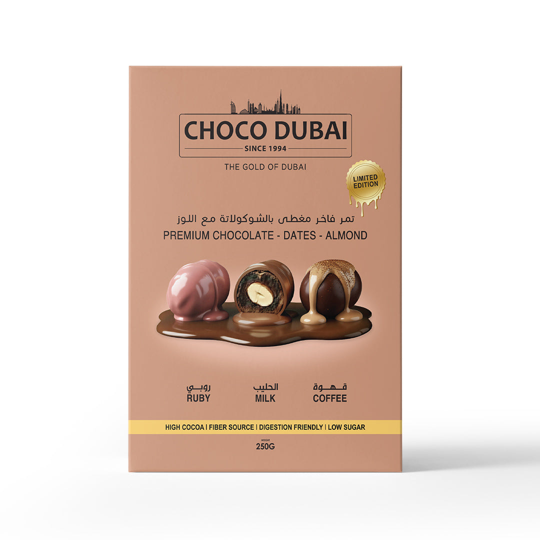 Choco Dubai Premium Chocolate Dates – Milk, Ruby & Coffee (250g)
