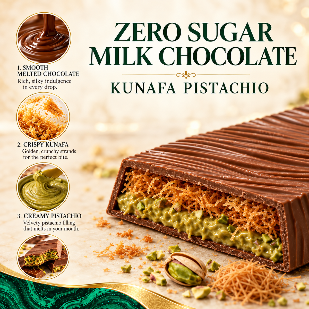 Choco Dubai Milk Chocolate Kunafa Pistachio Bar – Handcrafted Artisan Chocolate, 150g