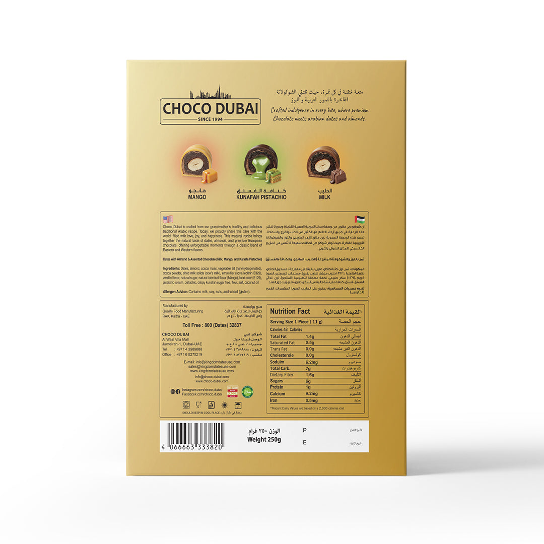 Choco Dubai Premium Chocolate Dates – Mango, Milk & Kunafa Pistachio (250g)
