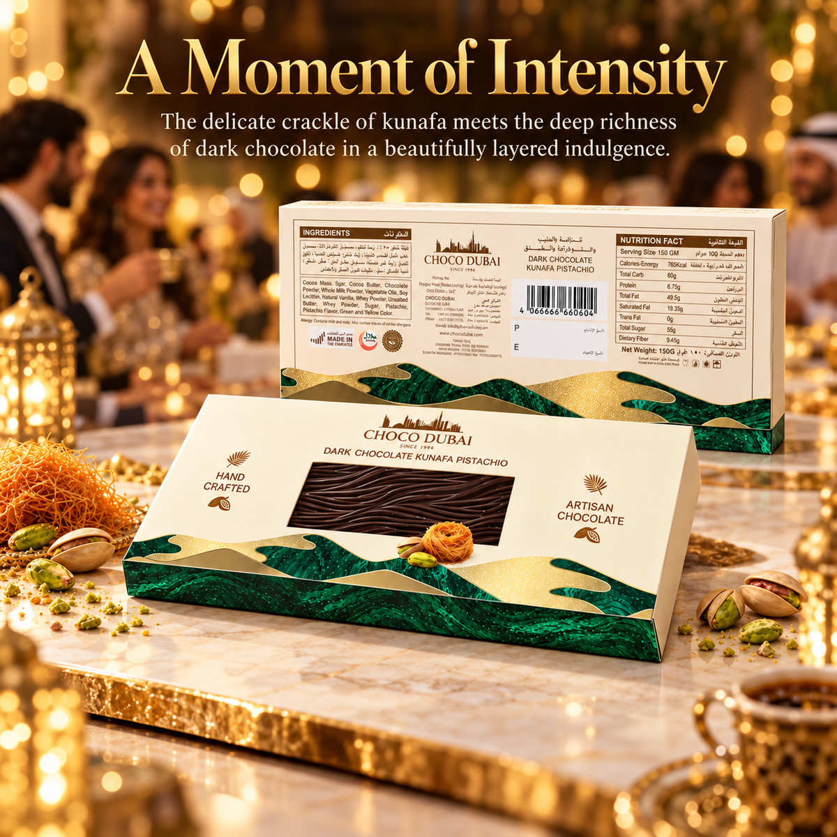 Choco Dubai Dark Chocolate Kunafa Pistachio Bar – Handcrafted Artisan Chocolate, 150g