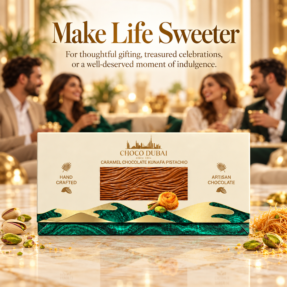 Choco Dubai Caramel Kunafa Pistachio Bar – Handcrafted Artisan Chocolate, 150g