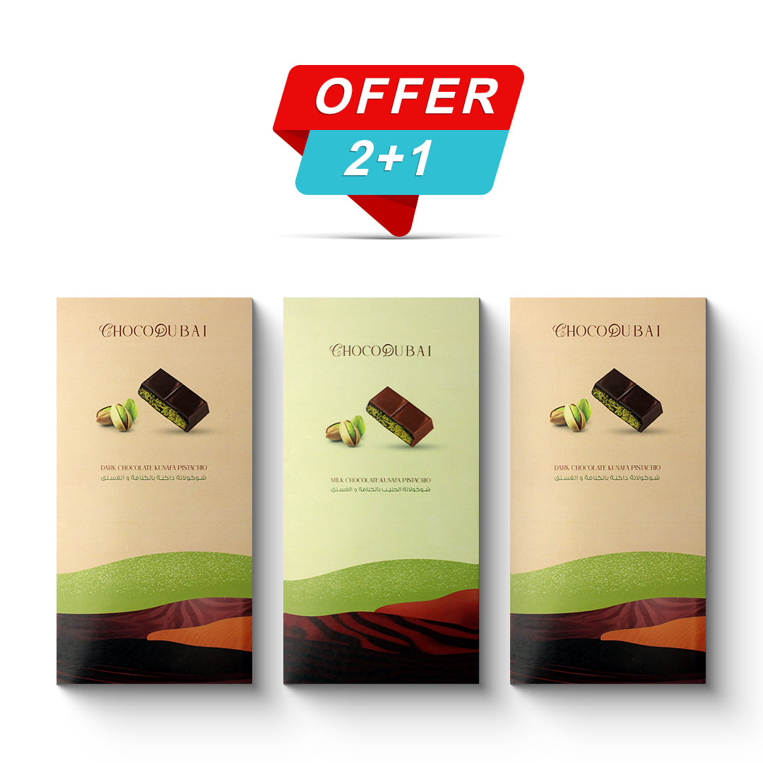 Offer 'Kunafa Pistachio Chocolate' - 2 Dark & 1 Milk (3 Pieces, 300g)