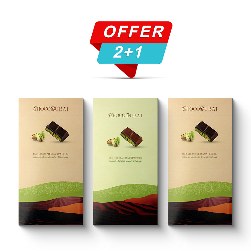 Offer 'Kunafa Pistachio Chocolate' - 2 Dark & 1 Milk (3 Pieces, 300g)