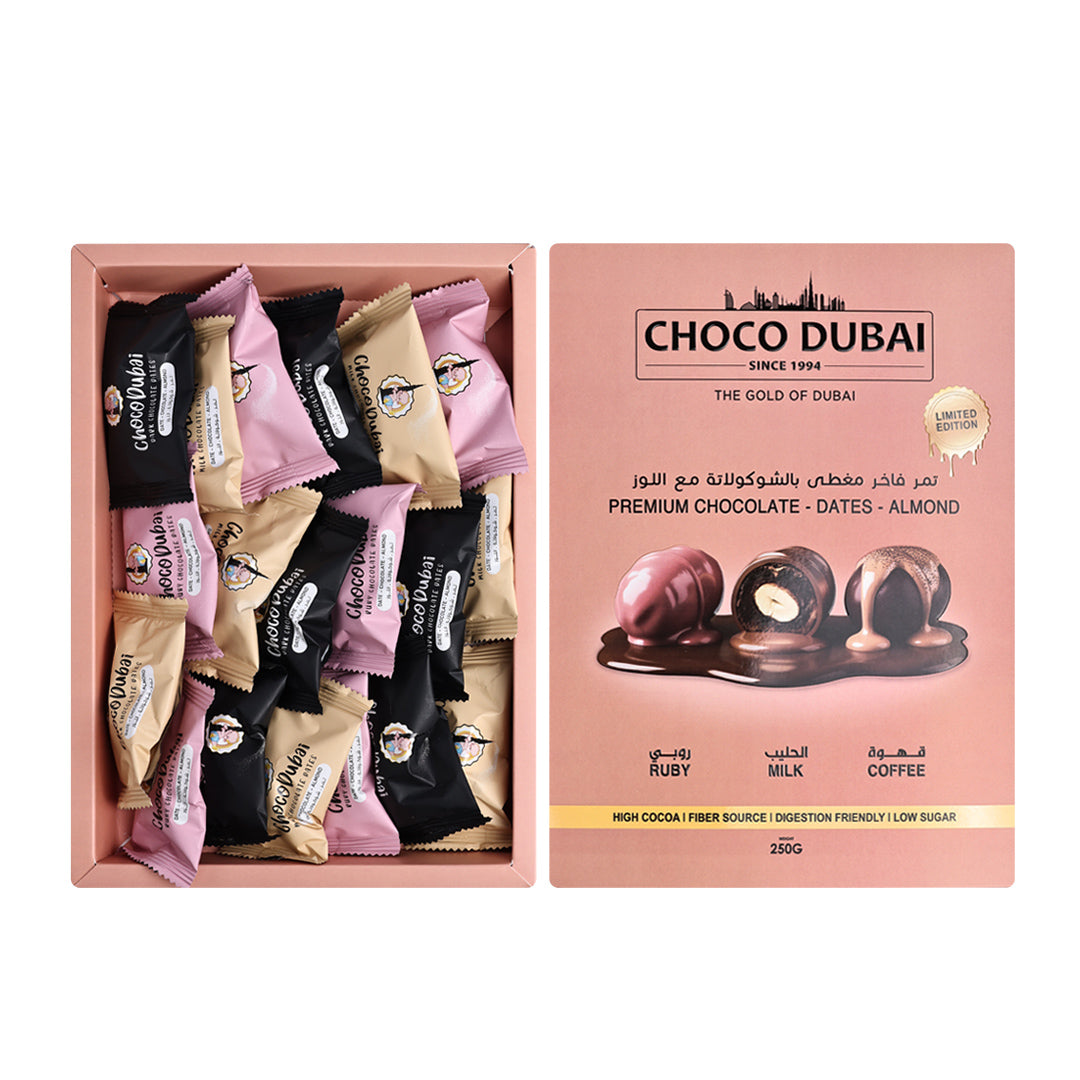 Choco Dubai Premium Chocolate Dates – Milk, Ruby & Coffee (250g)