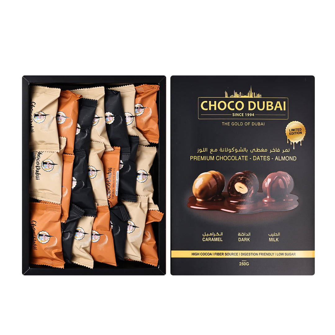 Choco Dubai Premium Chocolate Dates – Dark, Milk & Caramel (250g)