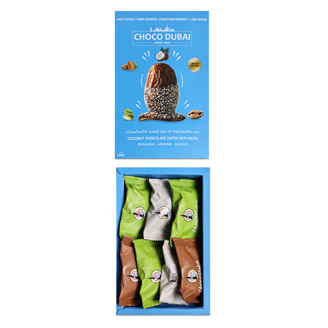 Choco Dubai Coconut Chocolate Dates with Nuts – Viral Dubai Edition (100g)