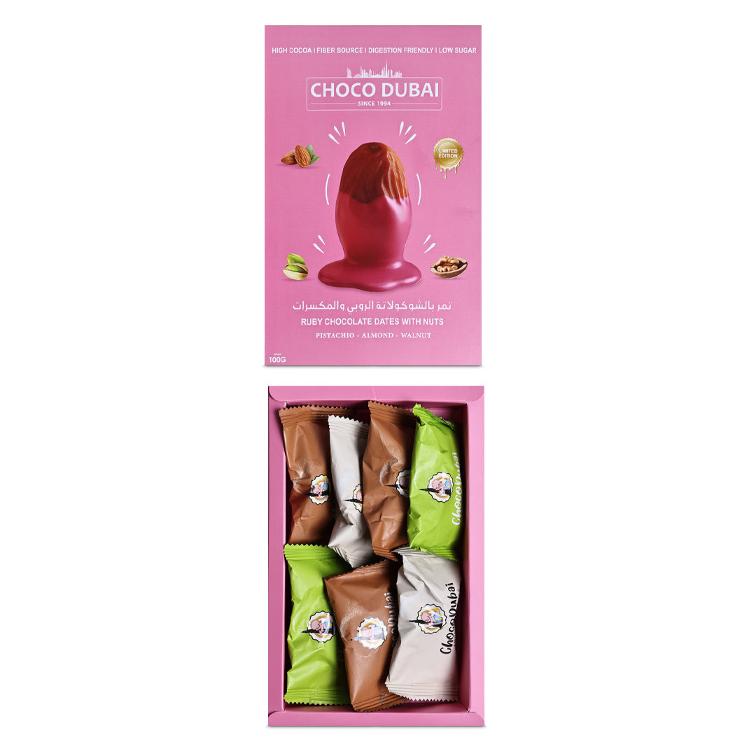 Choco Dubai Ruby Chocolate Dates with Nuts – Viral Dubai Edition (100g)