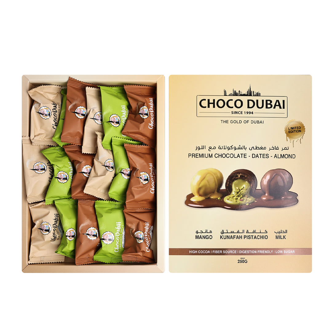 Choco Dubai Premium Chocolate Dates – Mango, Milk & Kunafa Pistachio (250g)