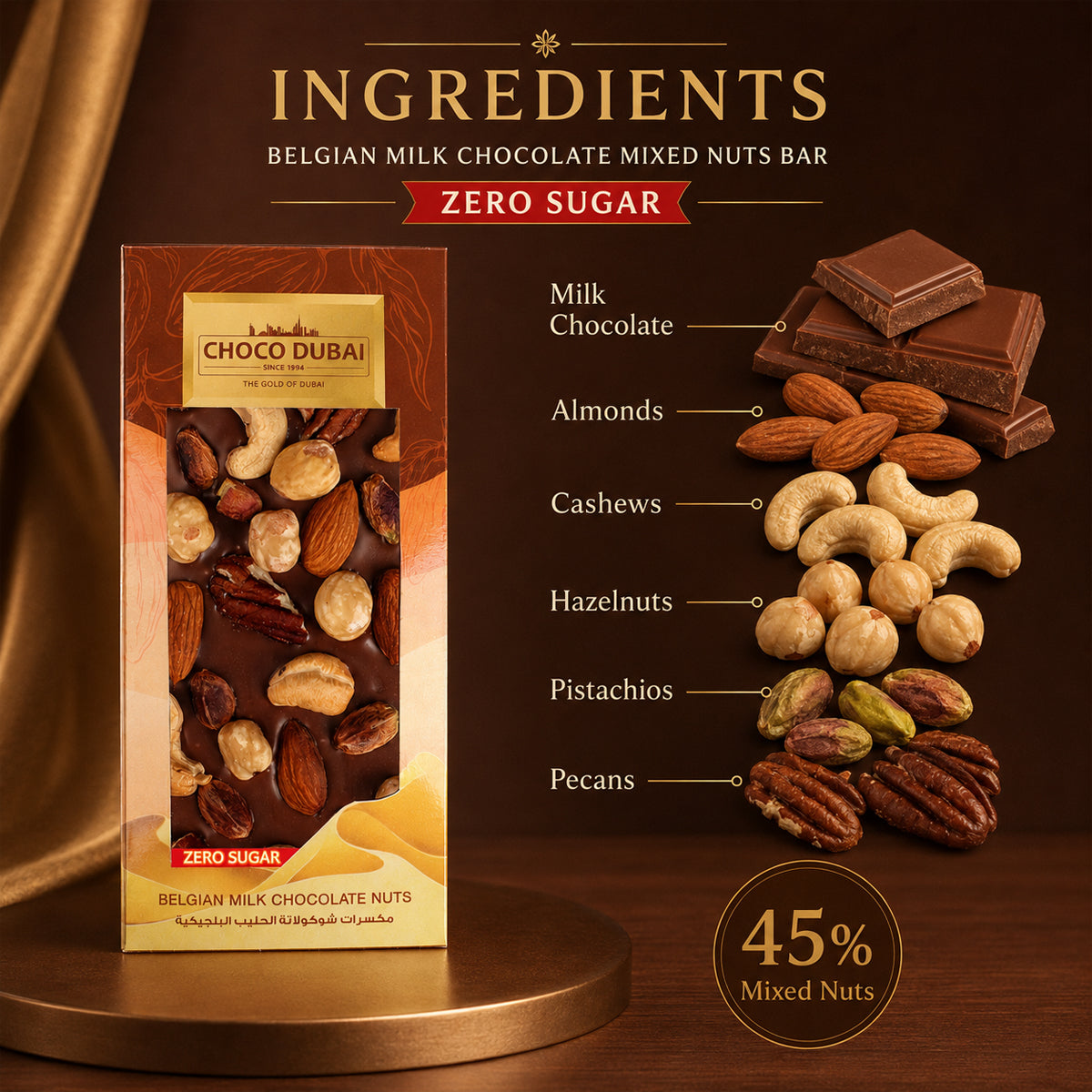 Belgian Milk Chocolate Mixed Nuts Bar (80g) – Zero Sugar
