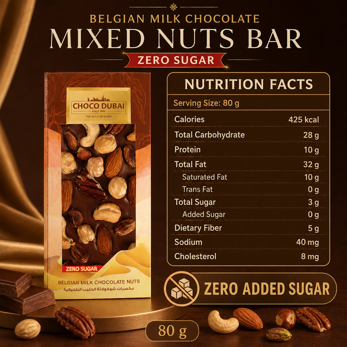 Belgian Milk Chocolate Mixed Nuts Bar (80g) – Zero Sugar