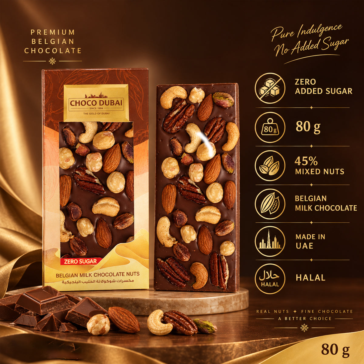 Belgian Milk Chocolate Mixed Nuts Bar (80g) – Zero Sugar