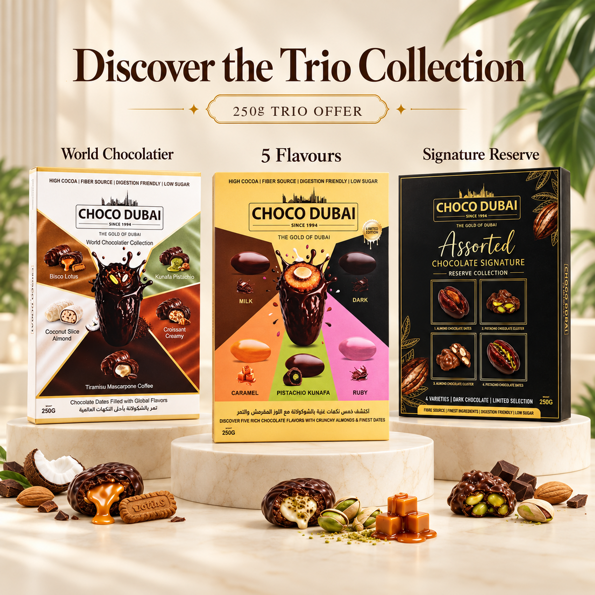 Choco Dubai Premium Trio Chocolate Dates Collection – 3 x 250g