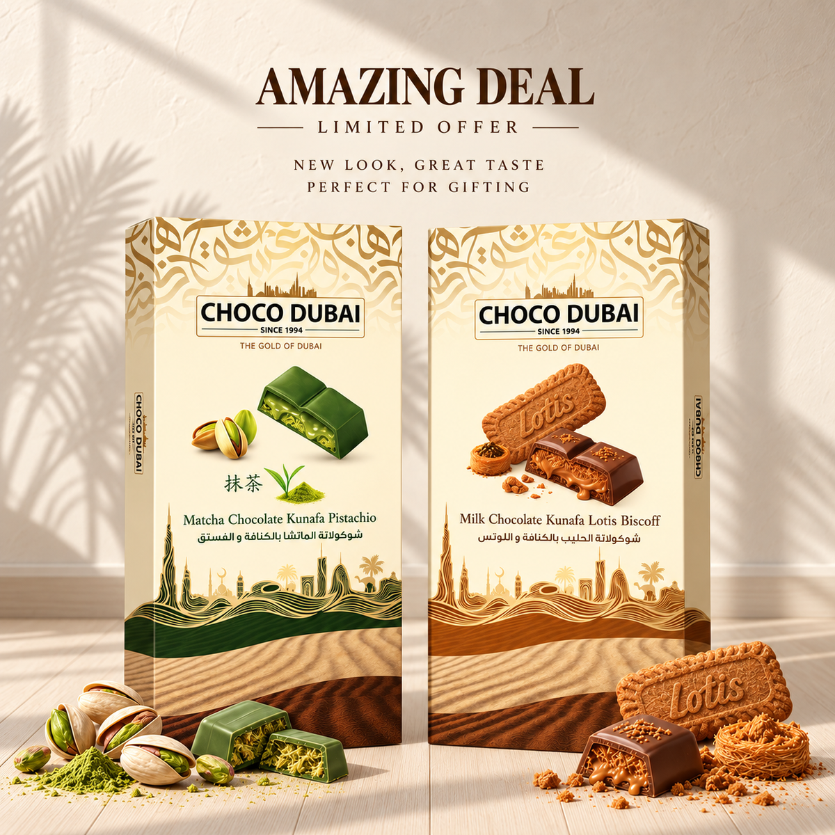 Dubai Kunafa Chocolate Bundle 2-Pack | Matcha Pistachio & Lotus Biscoff Bars
