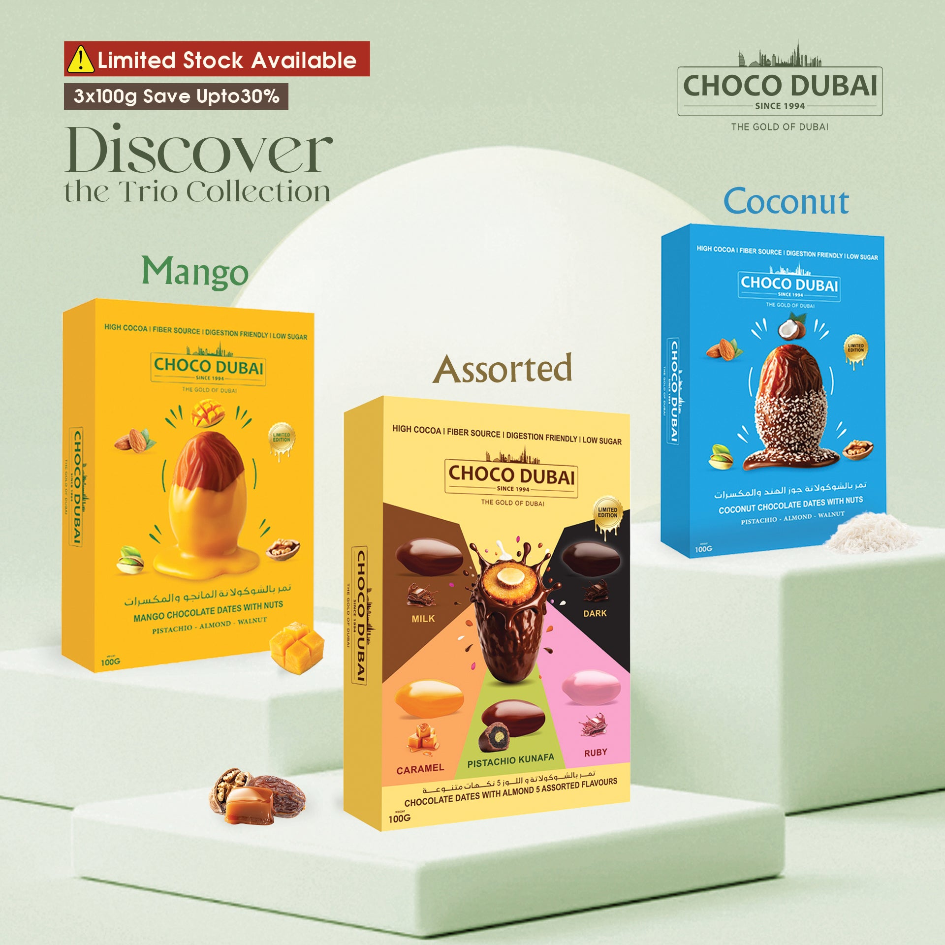 Choco Dubai Tropical Trio Collection – Assorted, Mango & Coconut (3 x 100g)