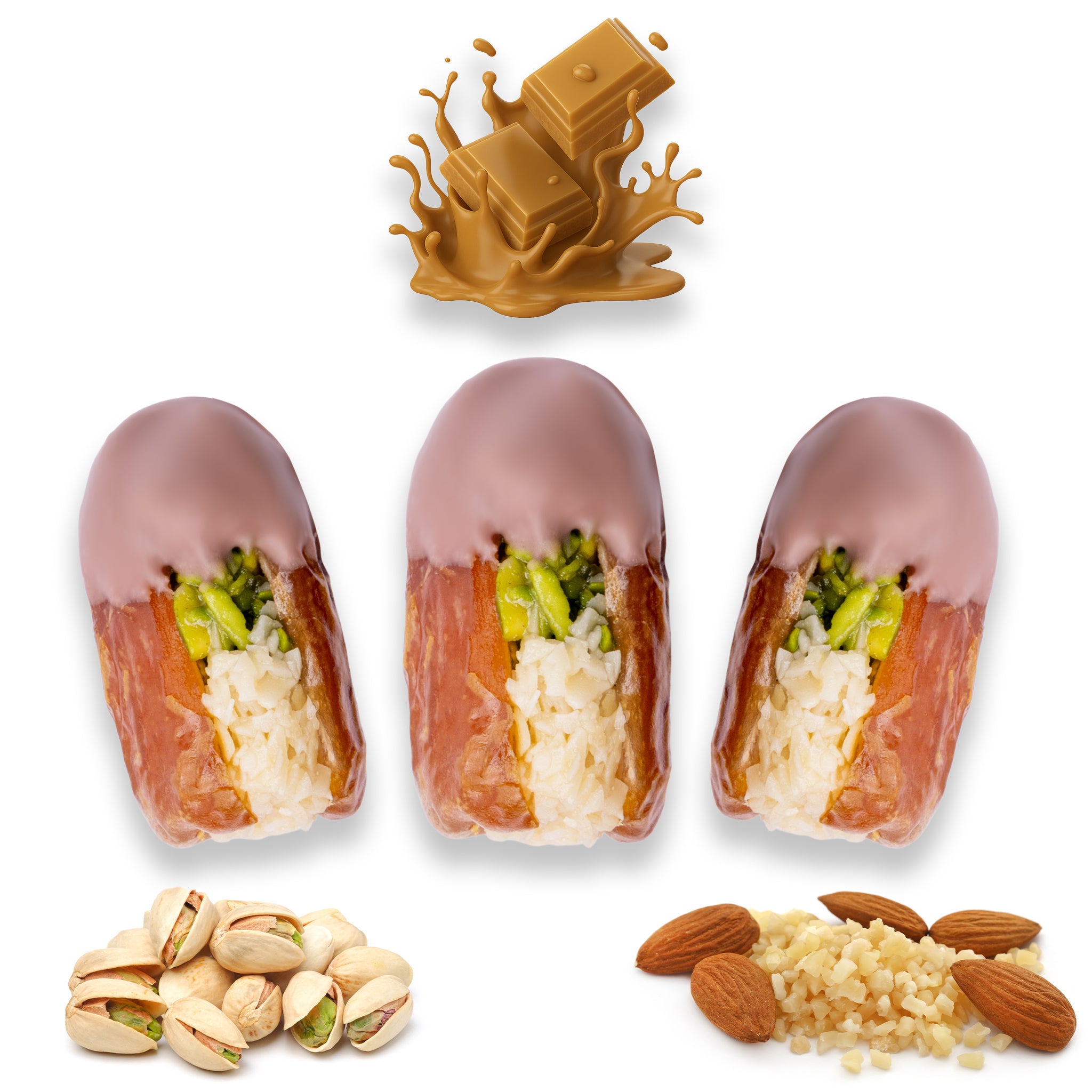 Luxury Sagi Dates Stuffed with Nuts & Half-Dipped in Caramel Chocolate