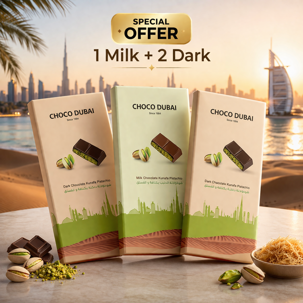 Viral Kunafa Pistachio Chocolate Offer 2 Dark & 1 Milk