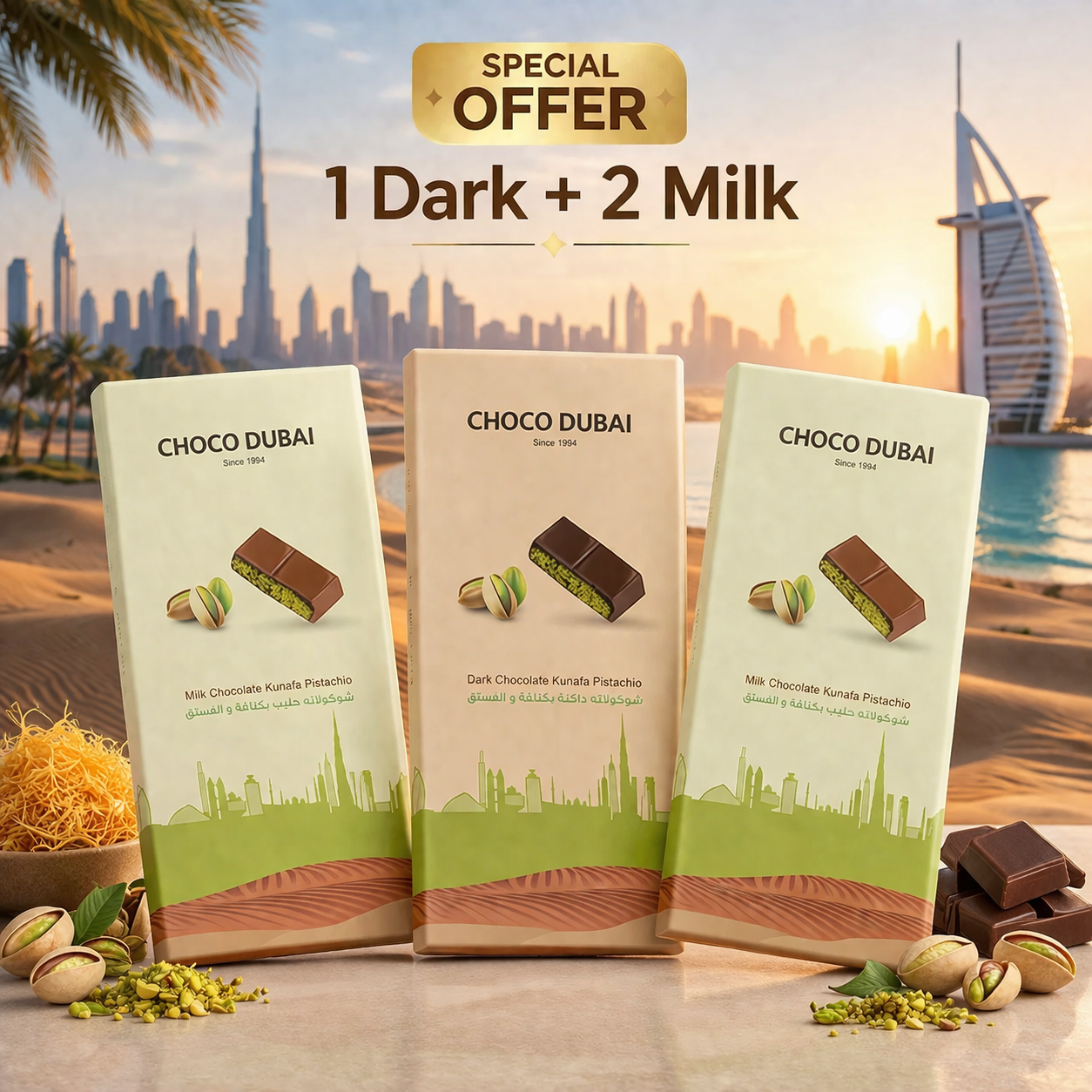 Viral Kunafa Pistachio Chocolate Offer 2 Milk & 1 Dark