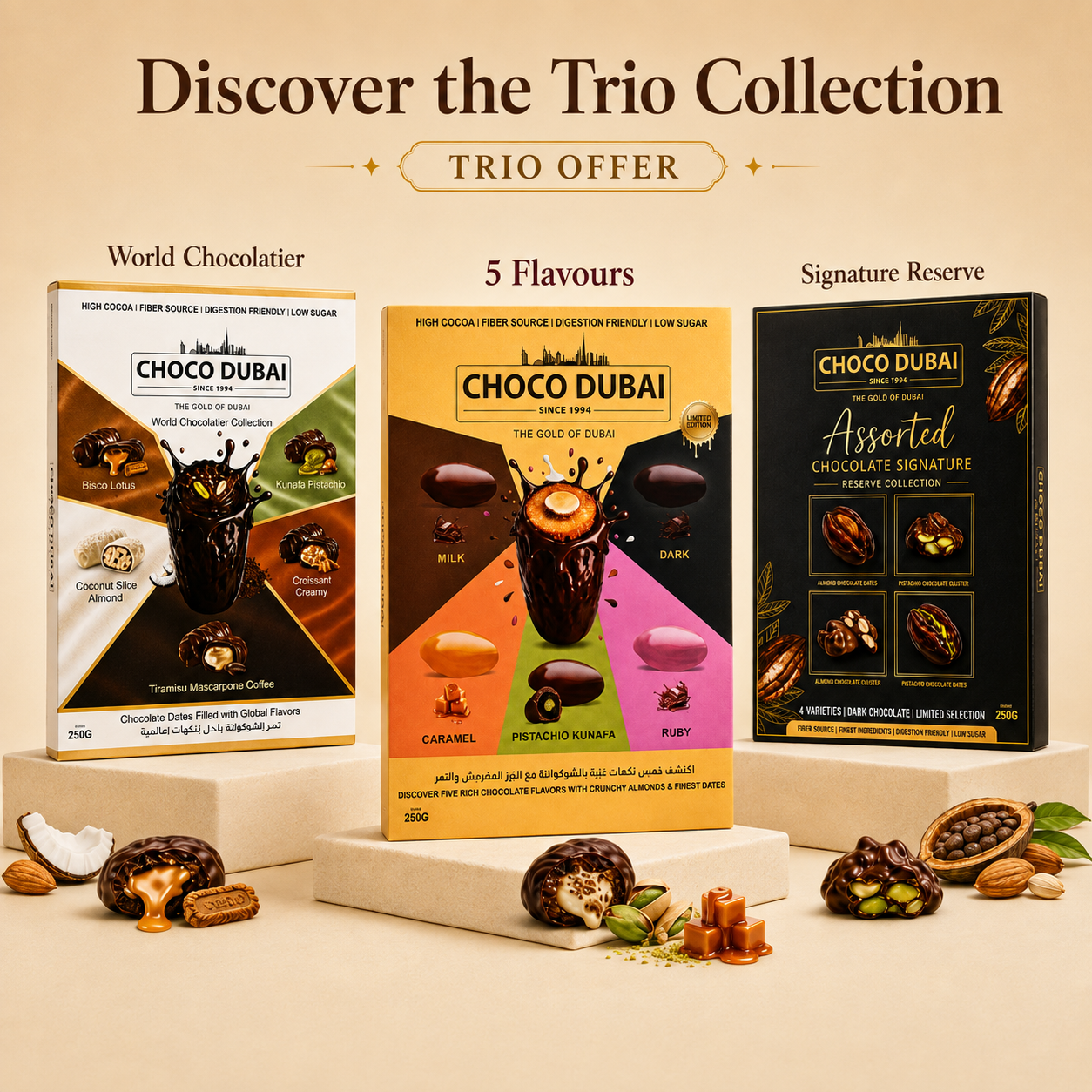 Choco Dubai Premium Trio Chocolate Dates Collection – 3 x 250g