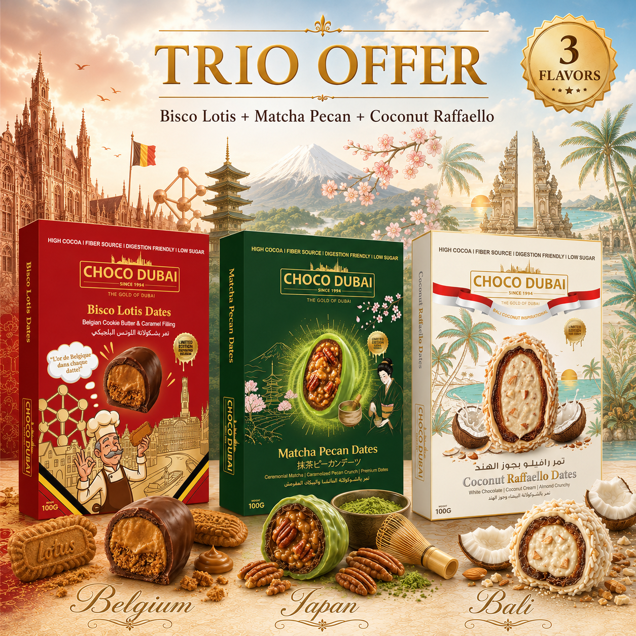 Choco Dubai Premium Trio Offer – Coconut Raffaello, Matcha Pecan & Bisco Lotis Chocolate Dates (3 × 100g)