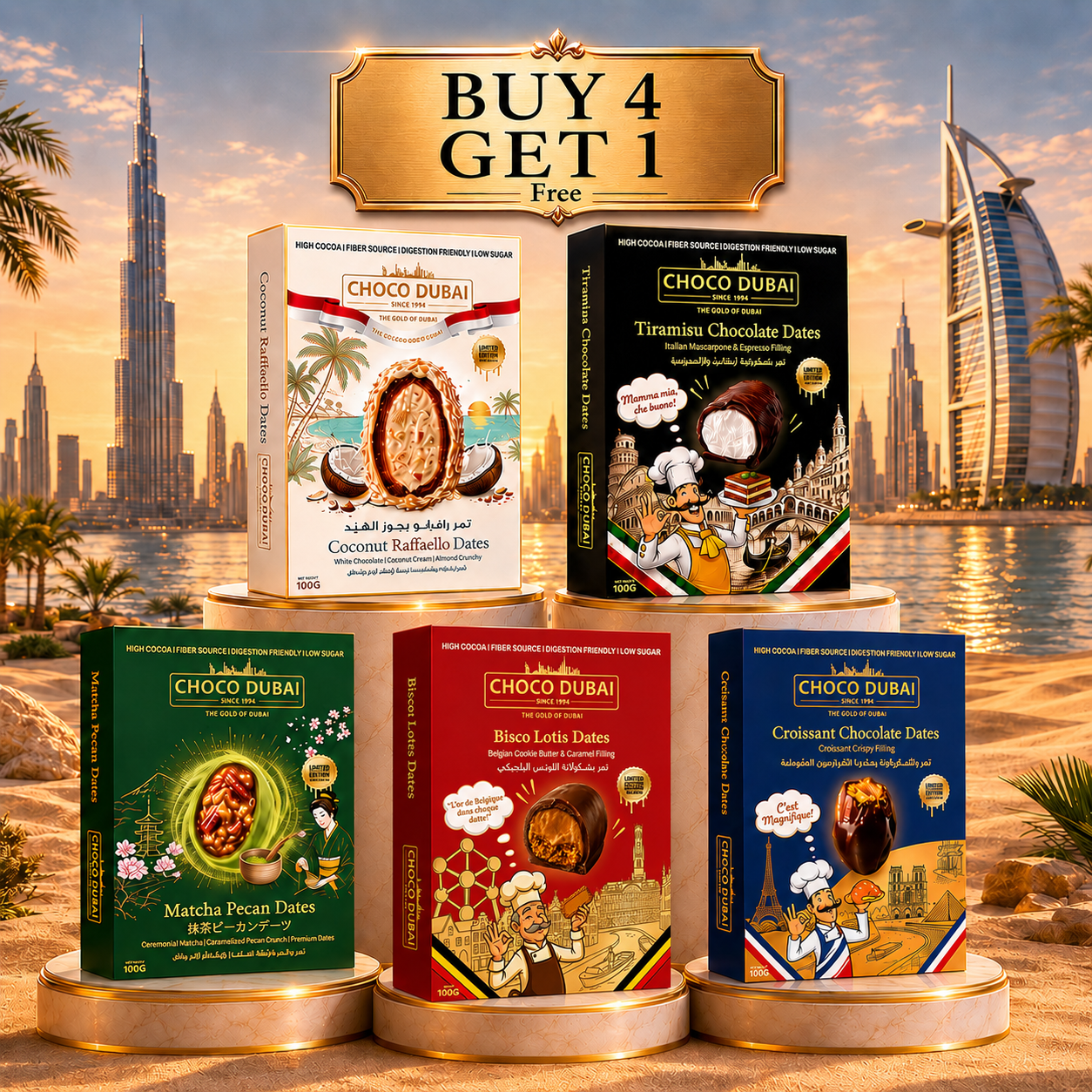 Gourmet Dates Bundle – Buy 4 Get 1 Free | 5 × 100g Boxes