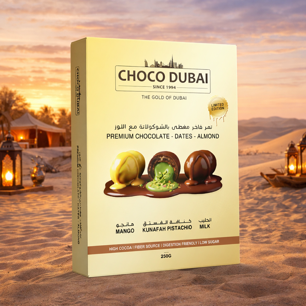 Choco Dubai Premium Chocolate Dates – Mango, Milk & Kunafa Pistachio (250g)