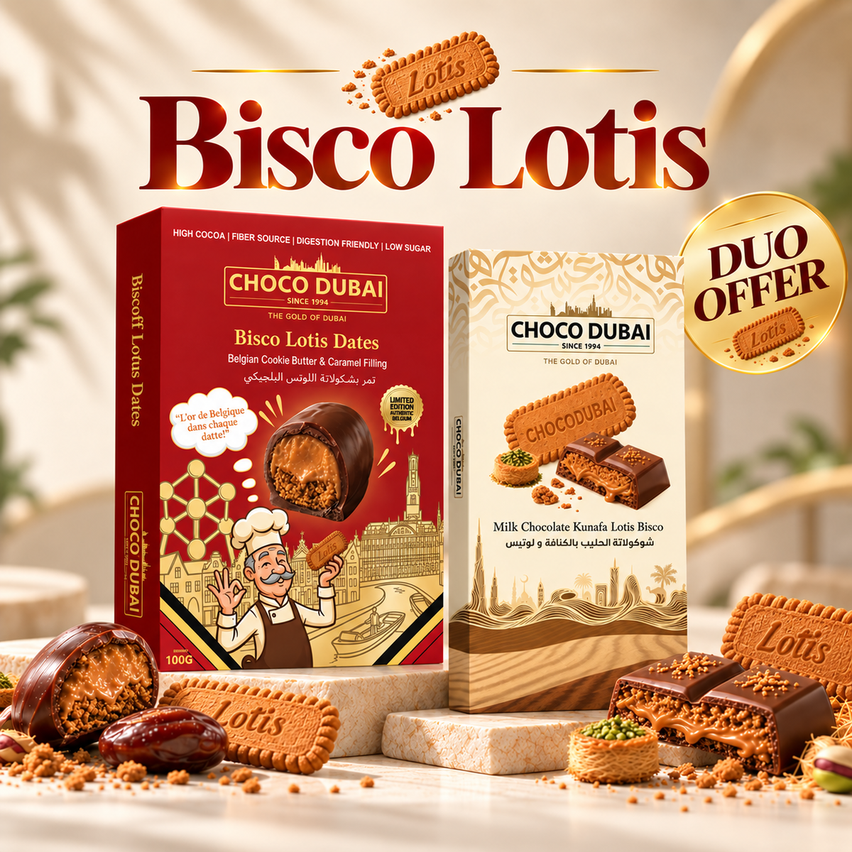 Bisco Lotis Duo Offer – Dates Chocolate & Kunafa Chocolate Bar | 2 × 100g