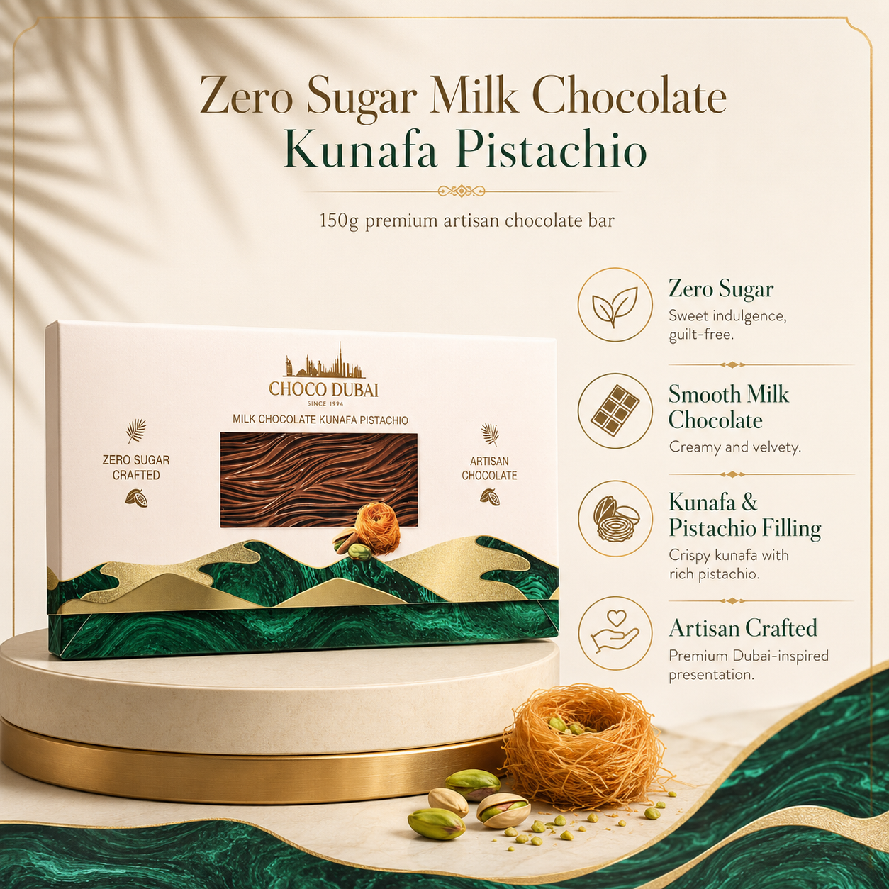 Choco Dubai Zero Sugar Milk Chocolate Kunafa Pistachio Bar 150g