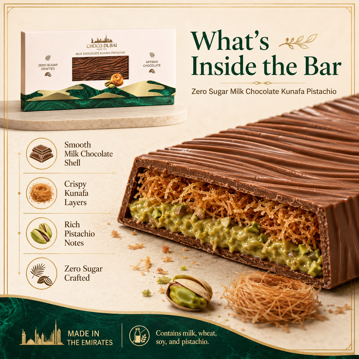 Choco Dubai Zero Sugar Milk Chocolate Kunafa Pistachio Bar 150g