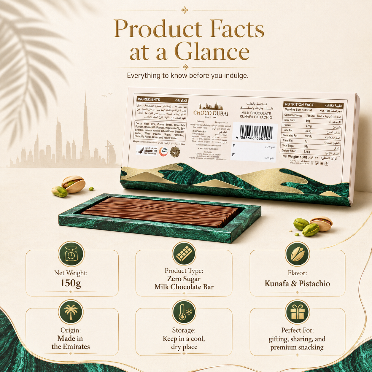 Choco Dubai Zero Sugar Milk Chocolate Kunafa Pistachio Bar 150g