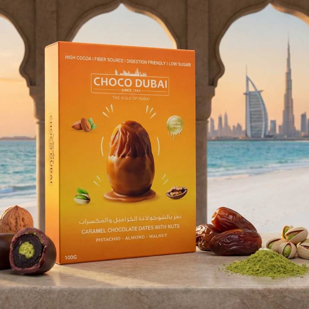Choco Dubai Caramel Chocolate Dates with Nuts – Viral Dubai Edition (100g)