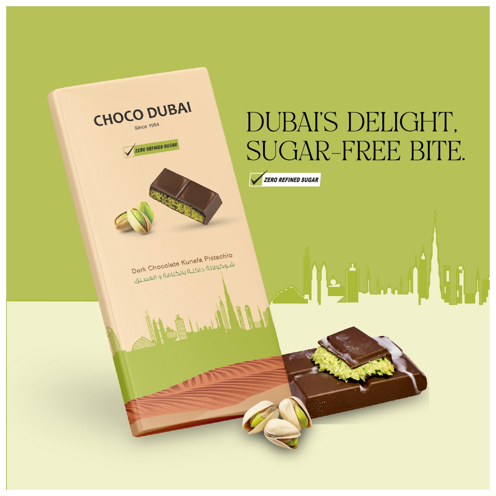 Dark Chocolate Kunafa Pistachio 100 GM (Zero Refined Sugar)
