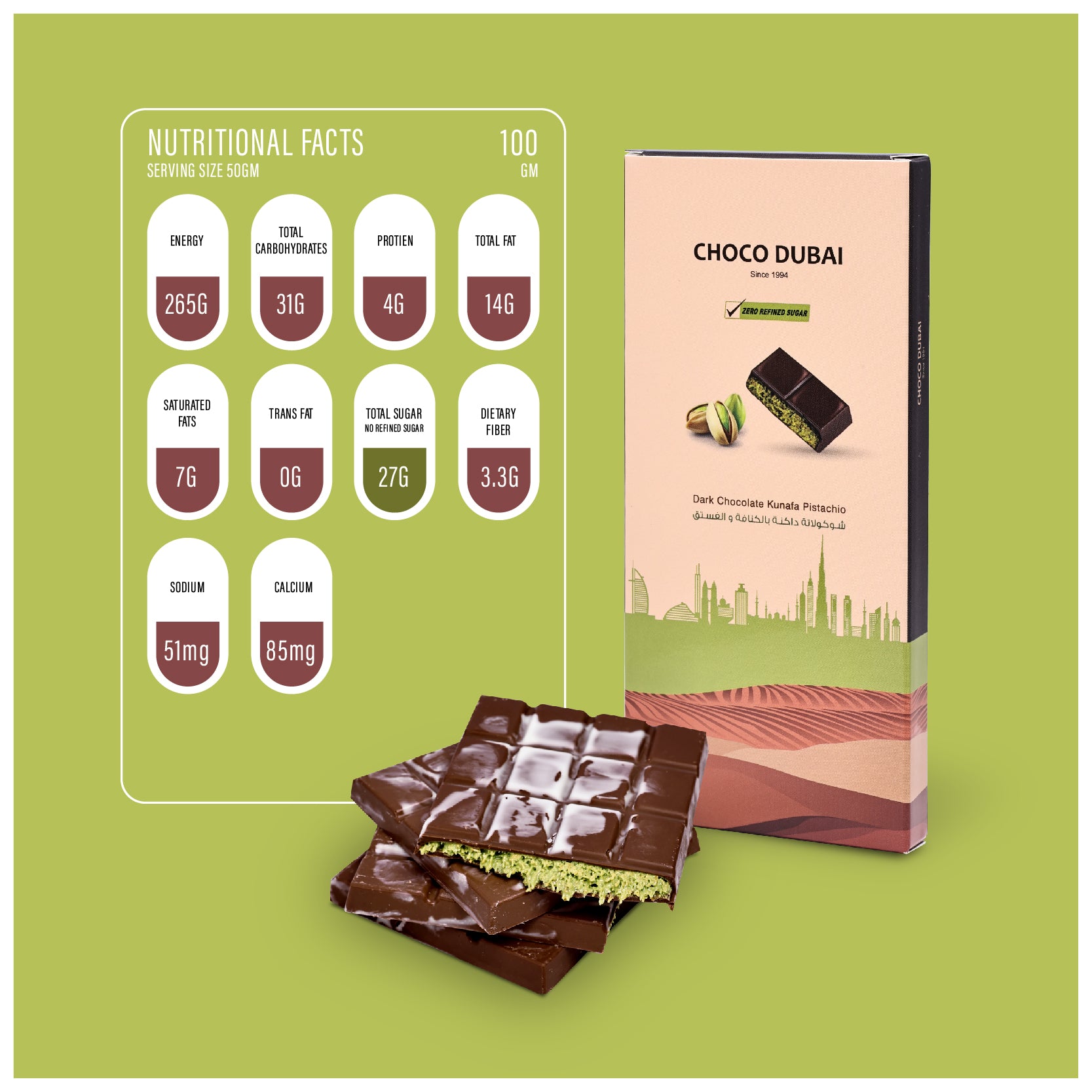 Dark Chocolate Kunafa Pistachio 100 GM (Zero Refined Sugar)
