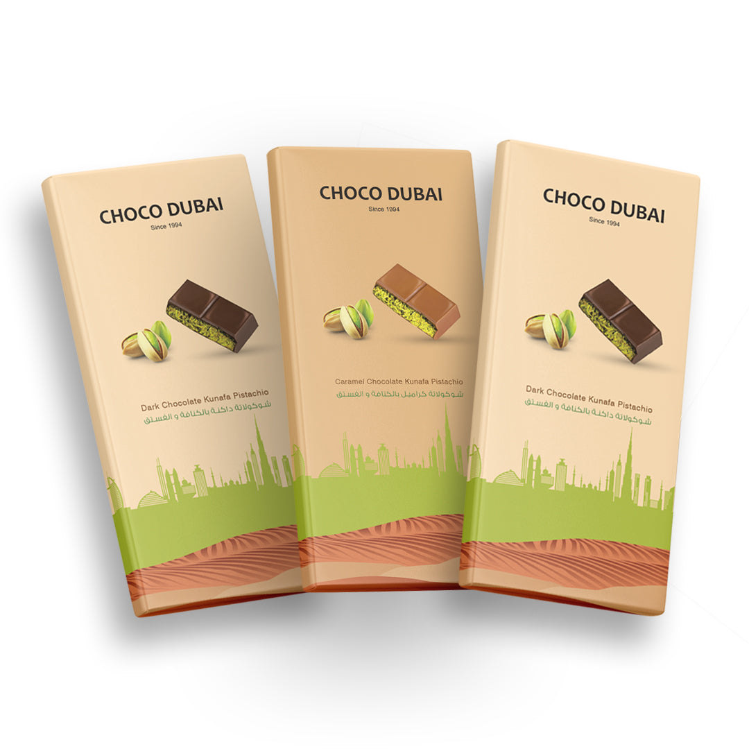 Dubai Chocolate Kunafa Pistachio Offer - 2 Dark & 1 Caramel