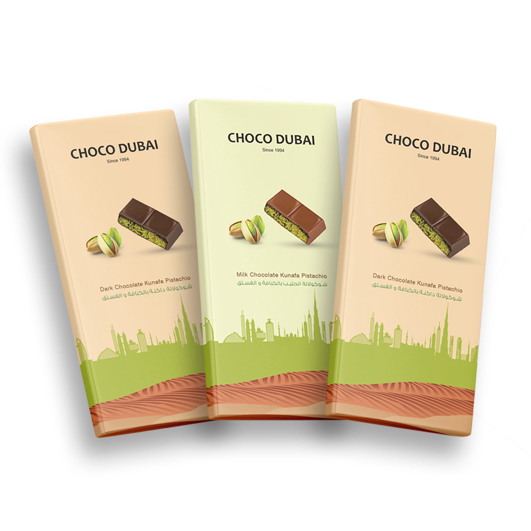 Dubai Chocolate Kunafa Pistachio Offer - 2 Dark & 1 Milk
