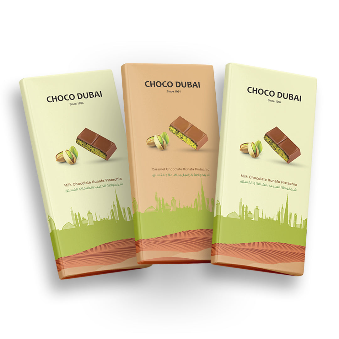 Dubai Chocolate Kunafa Pistachio Offer - 2 Milk & 1 Caramel