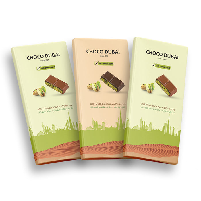 Dubai Chocolate Kunafa Pistachio Zero Refined Sugar Chocolate Offer – 2 Milk + 1 Dark