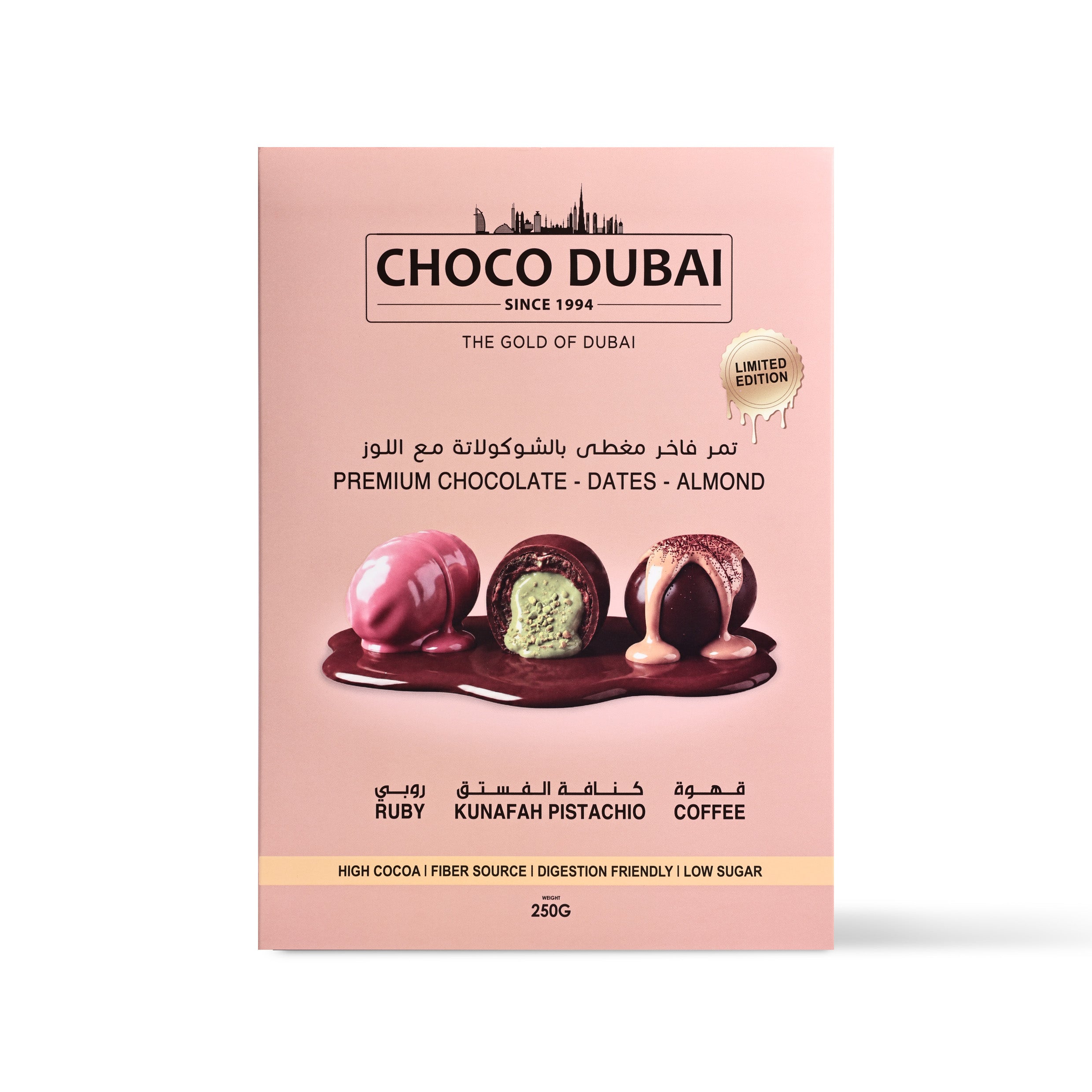 Choco Dubai Premium Chocolate Dates – Ruby, Kunafah Pistachio & Coffee (250g)