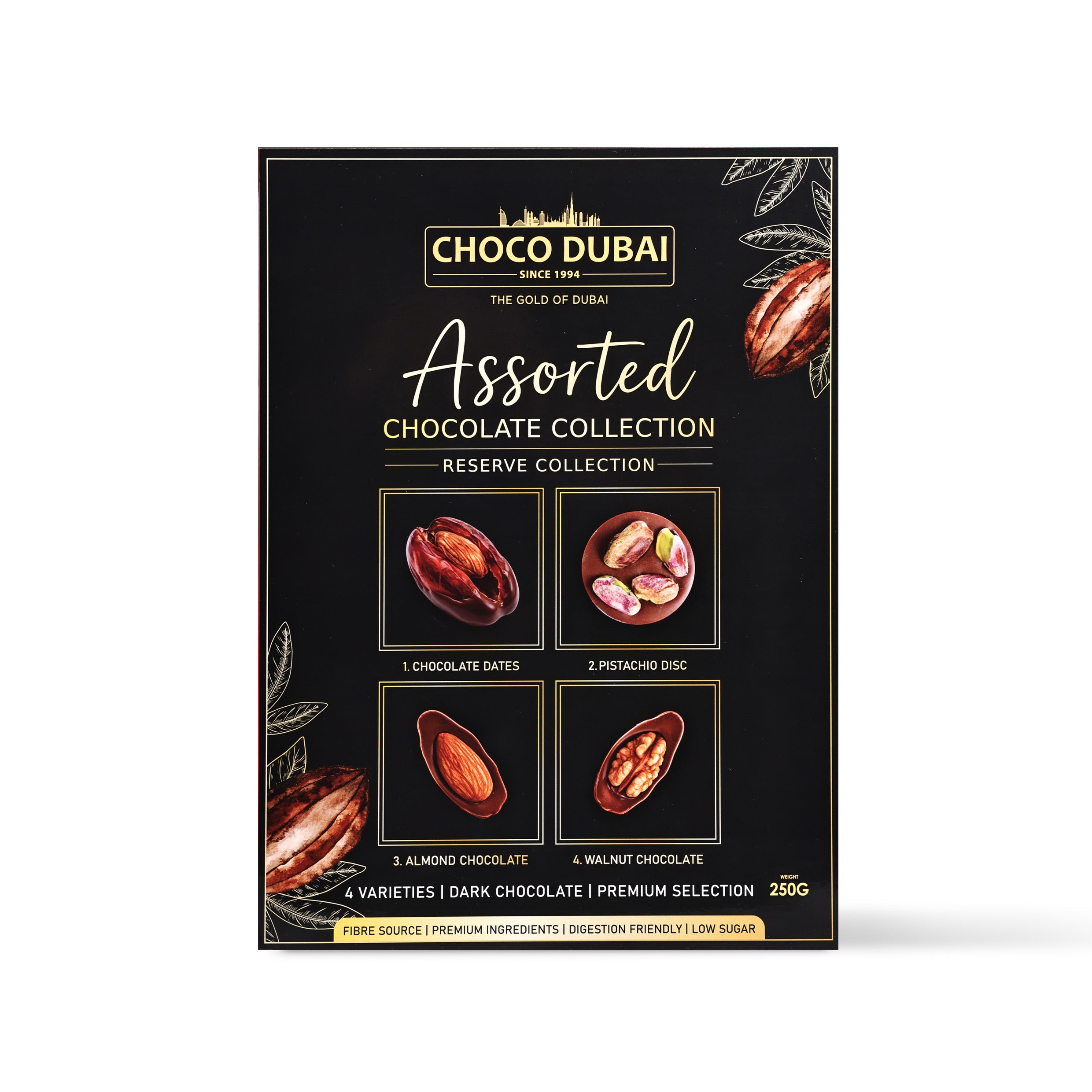 Choco Dubai Assorted Dark Chocolate Collection – Dates, Pistachio, Almond & Walnut 250g